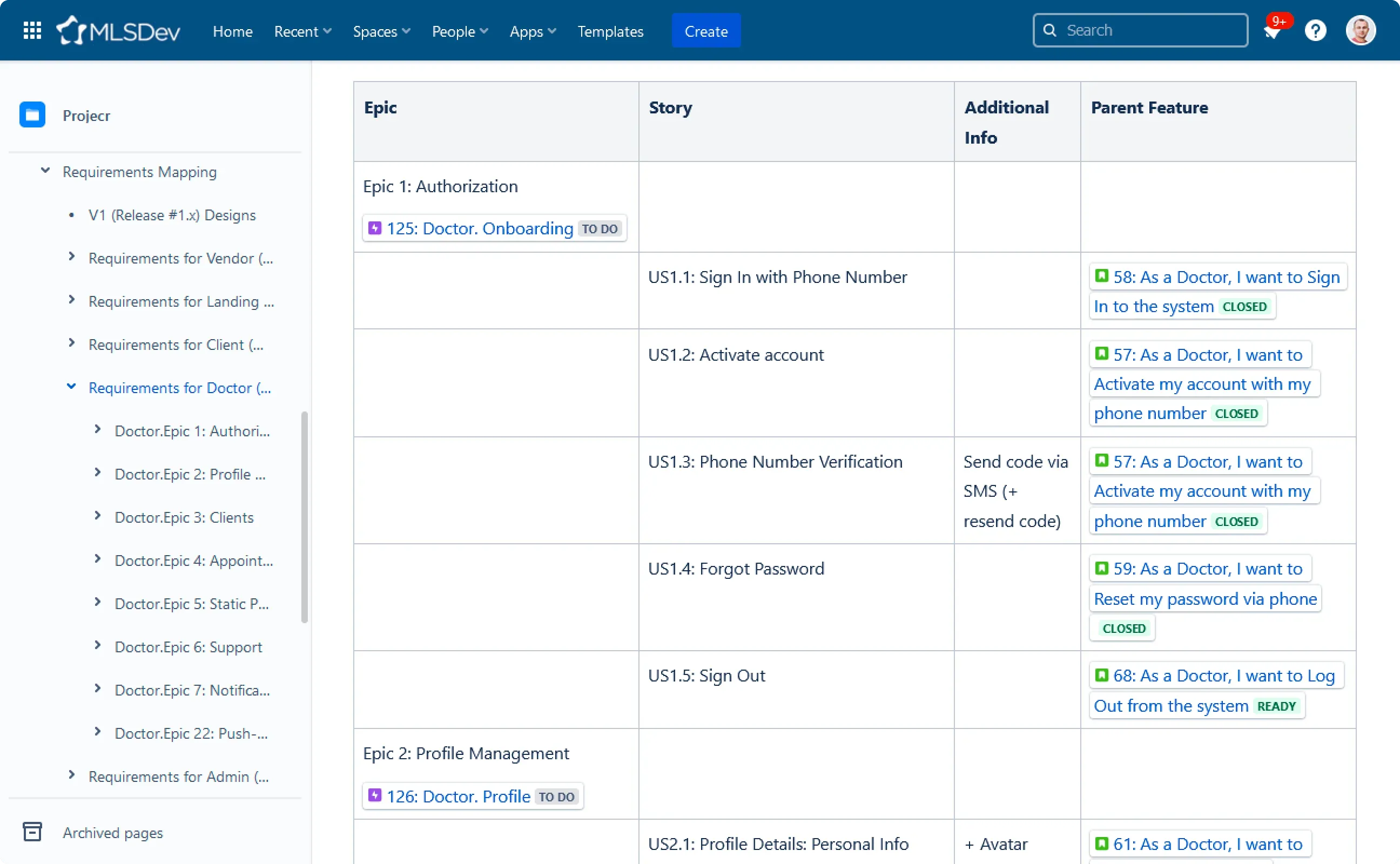 Screenshot of Requirements Mapping for a Doctor App on Web