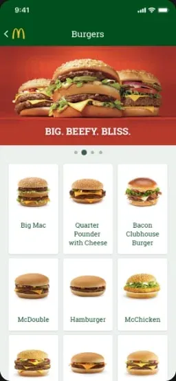 McDonald's app screen "category Burgers"